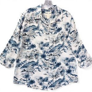 Cynthia Rowley 100% Linen Amalfi Coast Scenic Print Shirt Sz M Cottagecore